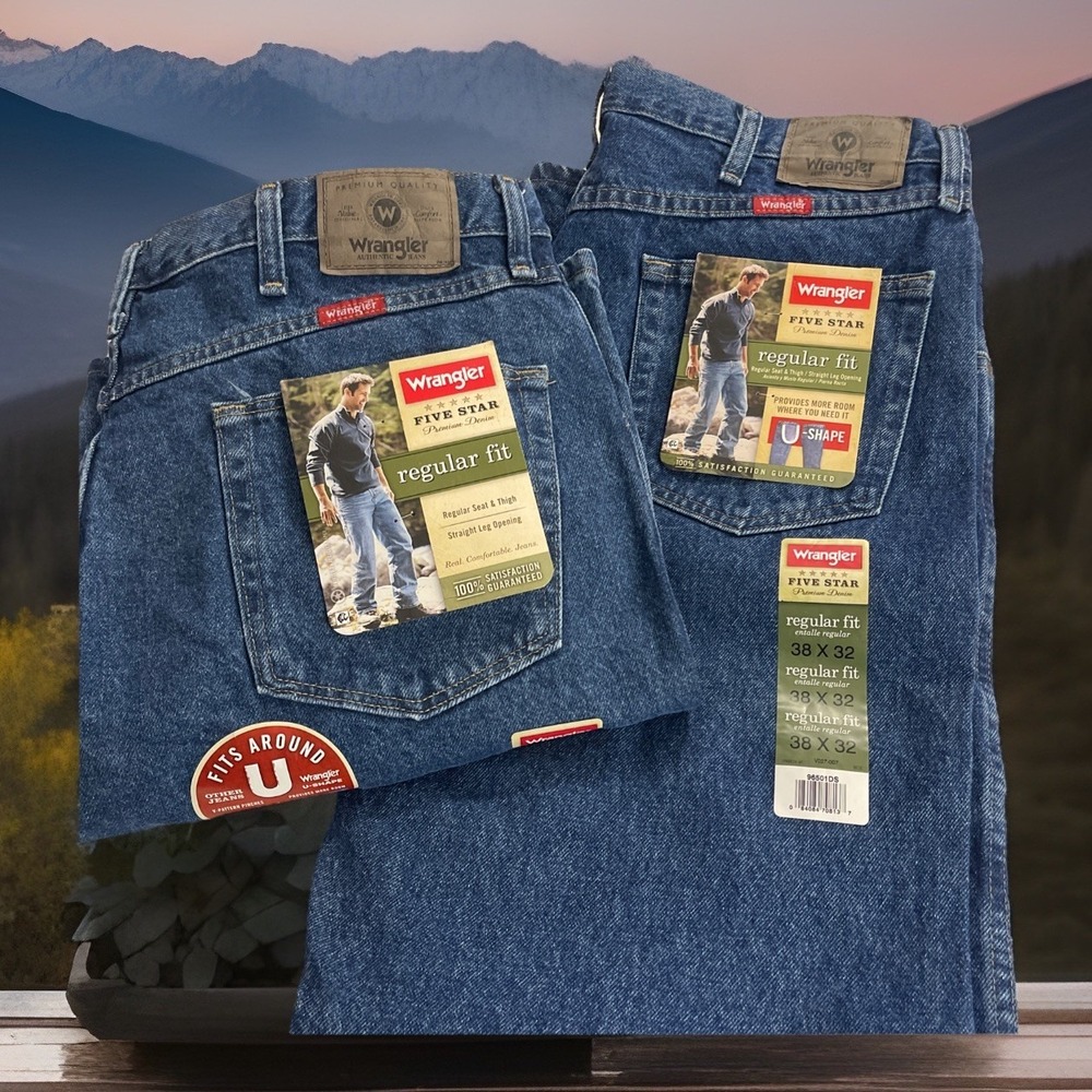 2 Pair Of Wrangler Five Star Premium Regular Fit Denim Blue Jeans Men Sz 38 X 32